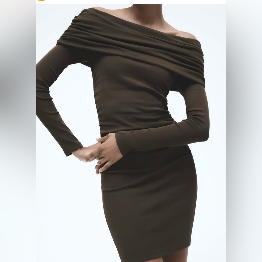 NWOT Zara Ruched Off The Shoulder Dress Size Medium in Brown